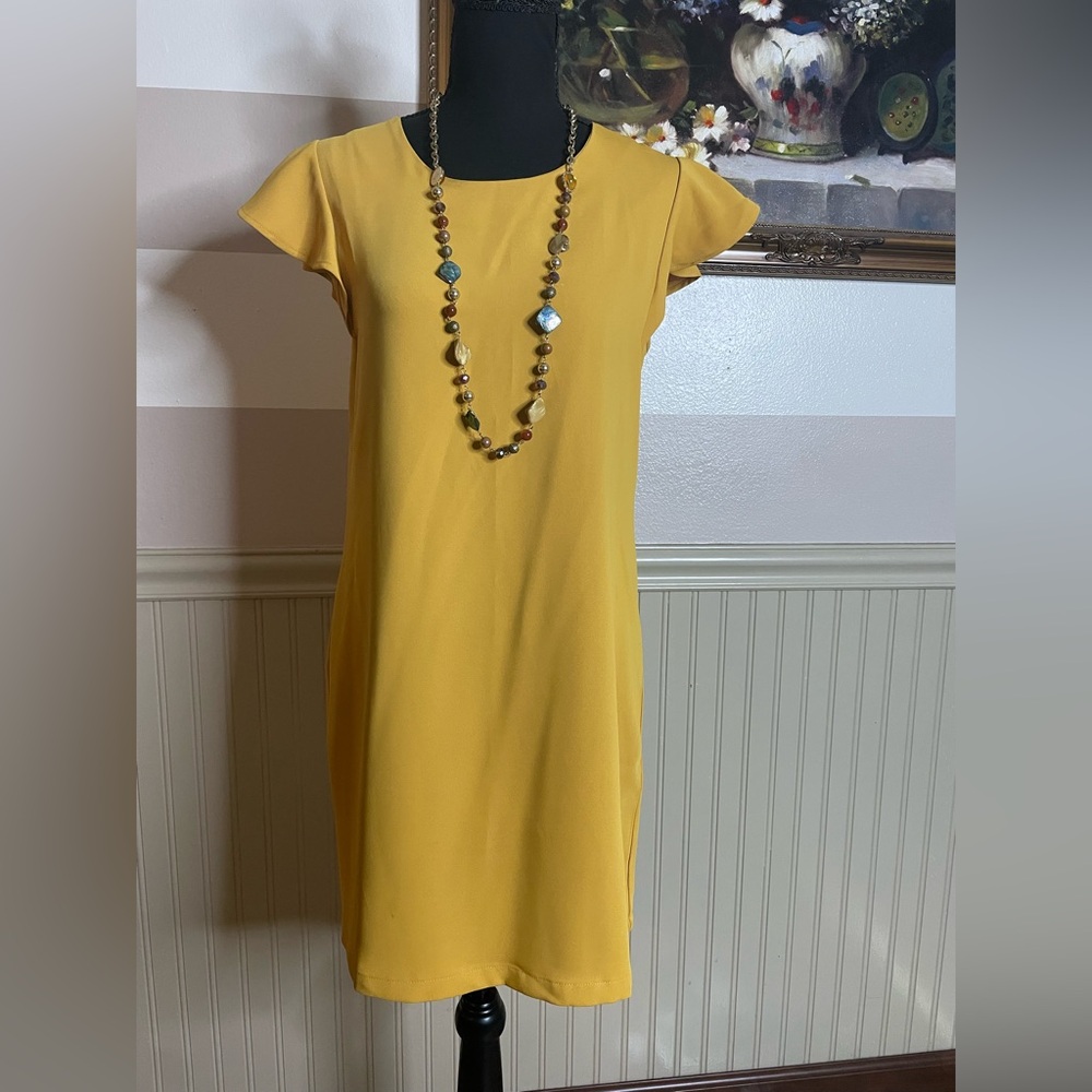 Nicole Miller Mustard Ruffle Sleeve Midi Dress - Picture 2 of 12